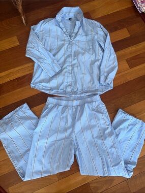 Old Navy Women’s Light Blue Stripe Pajama Set - Soft Cotton Sleepwear